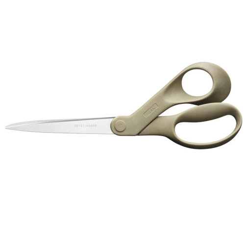 Nożyczki uniwersalne Fiskars ReNew 1058094 o długości 21 cm, z ostrzami ze stali nierdzewnej i ergonomicznie uformowanymi uchwytami w kolorze beżowym. Ujęcie z boku, pokazujące całą długość narzędzia.