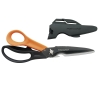 Nożyczki wielofunkcyjne Fiskars Cuts+More o długości 23 cm, z czarnymi ostrzami i pomarańczowymi uchwytami. W zestawie osłona ochronna w kształcie pojazdu. Produkt leżący na białym tle, ukazujący zarówno nożyczki, jak i akcesorium.