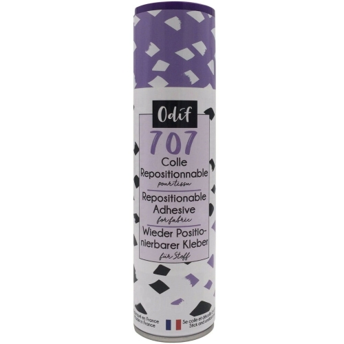 Klej tymczasowy spray 250ml ODIF 707 w cylindrycznym opakowaniu, dominujący kolor fioletowy z białymi i czarnymi wzorami. Etykieta zawiera informacje o przeznaczeniu, w tym Repositionable Adhesive for fabric. Widoczny napis Odif 707.