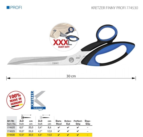 Nożyce krawieckie Kretzer Finny Profi o długości 30 cm, z ostrzami ze stali nierdzewnej, ergonomicznymi uchwytami w kolorze niebieskim i czarnym. Ujęcie frontalne, produkt leżący na białym tle, z widocznym logo Kretzer.