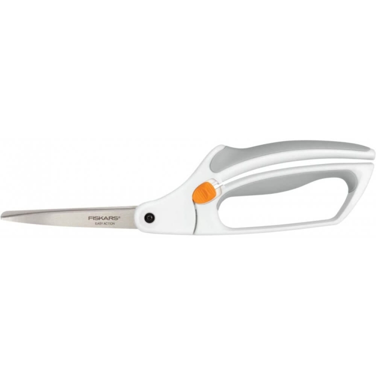 Nożyce krawieckie Fiskars Easy Action o długości 26 cm, z ostrzami ze stali nierdzewnej. Ergonomiczny uchwyt w kolorze białym z pomarańczowym przyciskiem. Ujęcie z boku, ukazujące kształt i detale uchwytu oraz ostrzy.