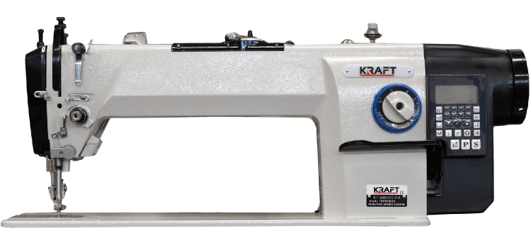Stebnówka KRAFFT KF-640-H7-D4, automatyczna jednoigłowa z podwójnym transportem, w kolorze szaro-czarnym. Długi ramień (37 cm) oraz panel sterujący z wyświetlaczem. Widok z boku, maszyna leżąca na płaskiej powierzchni.