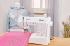 Maszyna do szycia Brother KD40S Little Angel w białej obudowie, z wyświetlaczem LCD i dekoracyjnym wzorem. Ujęcie z boku, pokazujące różowy materiał z kolorowymi wzorami. W tle manekin w szarej bluzie z tęczą.