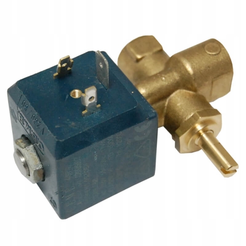 Elektrozawór kątowy mały CEME 1/4 do COMEL, z niebieską obudową i złotym, metalowym korpusem. Widoczny z boku, z wyraźnymi stykami elektrycznymi oraz metalowym przyłączem. Element przeznaczony do układów hydraulicznych.