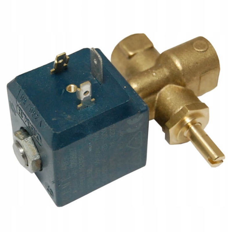 Elektrozawór kątowy mały CEME 1/4 do COMEL, z niebieską obudową i złotym, metalowym korpusem. Widoczny z boku, z wyraźnymi stykami elektrycznymi oraz metalowym przyłączem. Element przeznaczony do układów hydraulicznych.