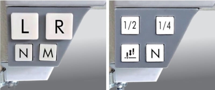 Panel sterujący stebnówki SIRUBA DT828L-75-064H/C z przyciskami: L, R, N, 1/2, 1/4, oraz ikoną podnoszenia igły. Elementy w kolorze białym na szarym tle, umieszczone w narożniku maszyny do szycia, ułatwiające obsługę.
