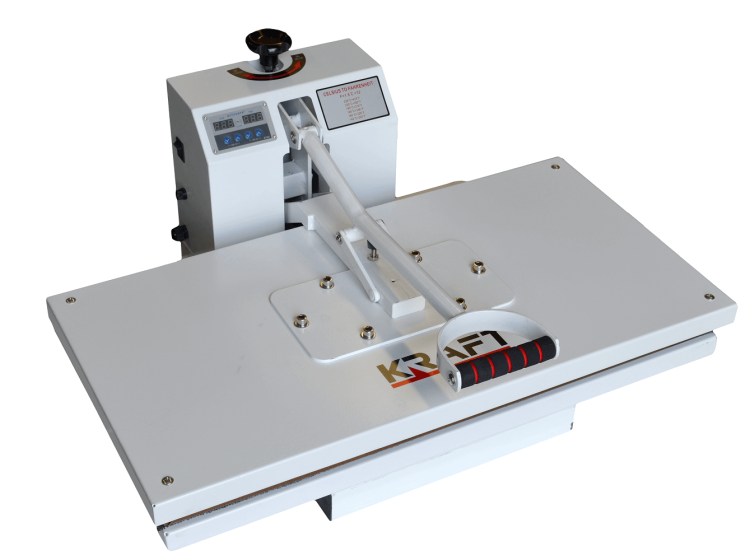 Prasa do termodruku KRAFFT THS-4080D o wymiarach 80×40 cm, z białą obudową, wyposażona w cyfrowy panel sterujący oraz uchwyt z czarną i czerwoną fakturą. Produkt leży na płaskiej powierzchni, z widocznym logo KRAFTI.
