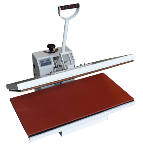 Prasa do termodruku KRAFFT THS-4080D o wymiarach 80x40 cm, z białą obudową i czerwoną płytą grzewczą. Uchwyt z czarną, teksturowaną rączką oraz panel sterujący z wyświetlaczem. Produkt leży na stole, w widoku z góry.