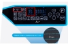 Panel sterujący stebnówki JACK A8 z elektronicznym systemem transportu, wyświetlacz LCD z długością ściegu 3.5 mm. Widoczne ikony różnych funkcji, w tym regulacja długości ściegu do 0.1 mm. Kolor czarny z niebieskimi akcentami.