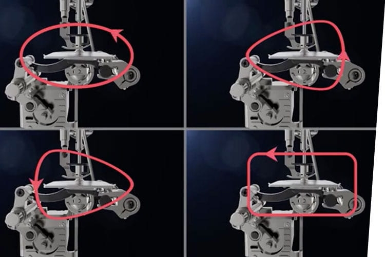 Zbliżenie na mechanizm stebnówki JACK A8, ukazujący detale elektronicznego systemu transportu. Widoczne elementy takie jak igła, stopka oraz mechanizmy przesuwu materiału, w różnych pozycjach roboczych. Tło ciemne, podkreślające konstrukcję maszyny.
