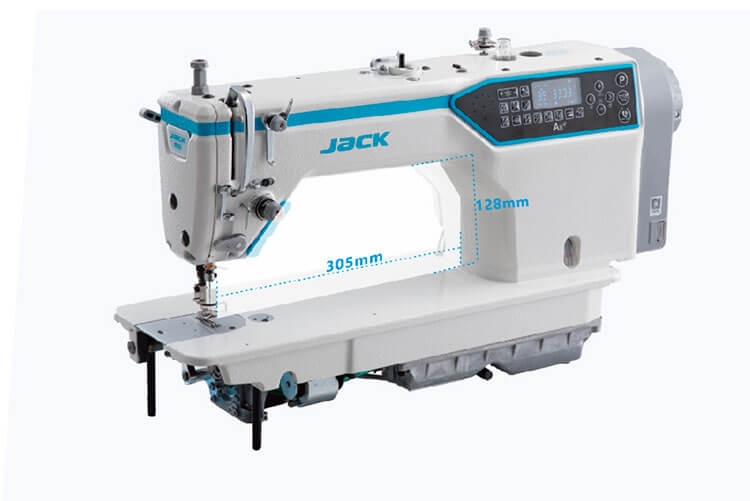 Stebnówka JACK A8 automatyczna, 1-igłowa, z elektronicznym systemem transportu. Widoczny panel sterowania, podajnik materiału oraz wymiary: 305 mm długości i 128 mm wysokości. Maszyna w kolorze białym, stojąca na stabilnej podstawie.