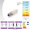 Żarówka LED do maszyny do szycia, 2W, gwint E14, z przezroczystą obudową i diodami LED. Emituje chłodne białe światło (6500K). Widoczna etykieta energetyczna klasy A+. Zauważalne symbole jasności, zużycia energii i żywotności.
