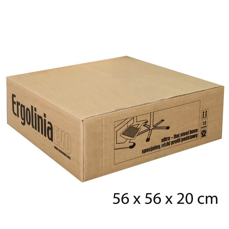 Pudełko krzesła szwalniczego ERGOLINIA EVO2 PROFI z wyraźnym napisem na boku. Wymiary opakowania to 56 x 56 x 20 cm. Grafika ilustruje krzesło z podnośnikiem pneumatycznym oraz specjalną, niską podstawą stalową.