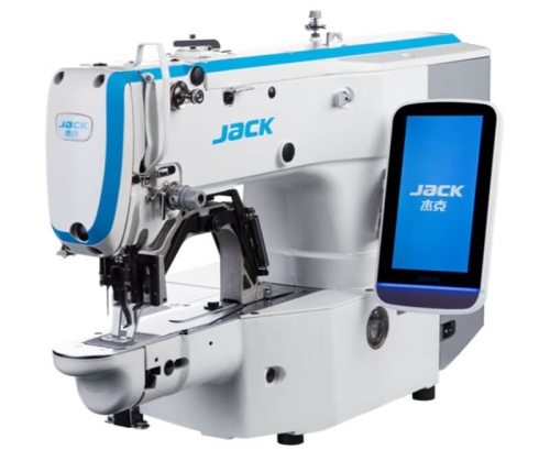 Ryglówka JACK JK-T1906GH do szycia ciężkiego, w kolorze białym z niebieskimi akcentami, z elektronicznym wyświetlaczem. Maszyna z widocznym mechanizmem szyjącym, ustawiona w pozycji stojącej, idealna do szycia grubych materiałów.