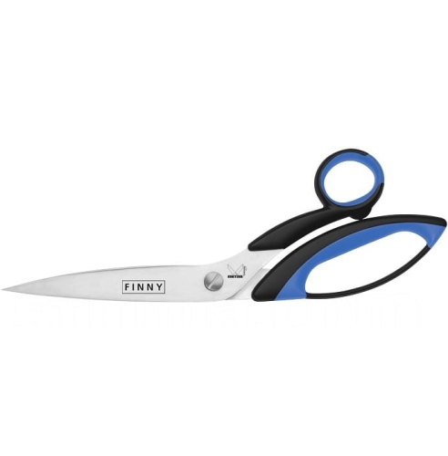Nożyce krawieckie Kretzer Finny Profi 772025 o długości 25 cm z ostrzem ze stali nierdzewnej. Rączka w kolorze czarnym z niebieskimi akcentami, ergonomiczny kształt, idealne do precyzyjnego cięcia materiałów.