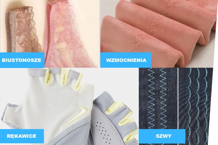 Biustonosz w odcieniach różu i beżu z koronkowym wykończeniem, wzmacniane elementy w kolorze różowym, rękawice sportowe w odcieniach szaro-żółtych z odkrytymi palcami oraz detale szwów w kolorze niebieskim na ciemnym tle.