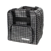 Torba Janome w czarno-szarym wzorze houndstooth, w formie prostokątnej, z dwiema rączkami i kieszenią z przodu z zamkiem. Widoczne logo JANOME w dolnej części. Produkt stoi na płaskiej powierzchni.