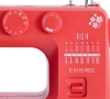 Maszyna do szycia Janome JUNO E1015 w kolorze czerwonym, z pokrętłami do regulacji oraz różnymi wzorami ściegów widocznymi na obudowie. Logo z kwiatami na obudowie, z oknem do szycia z przodu. Idealna dla początkujących i hobbystów.
