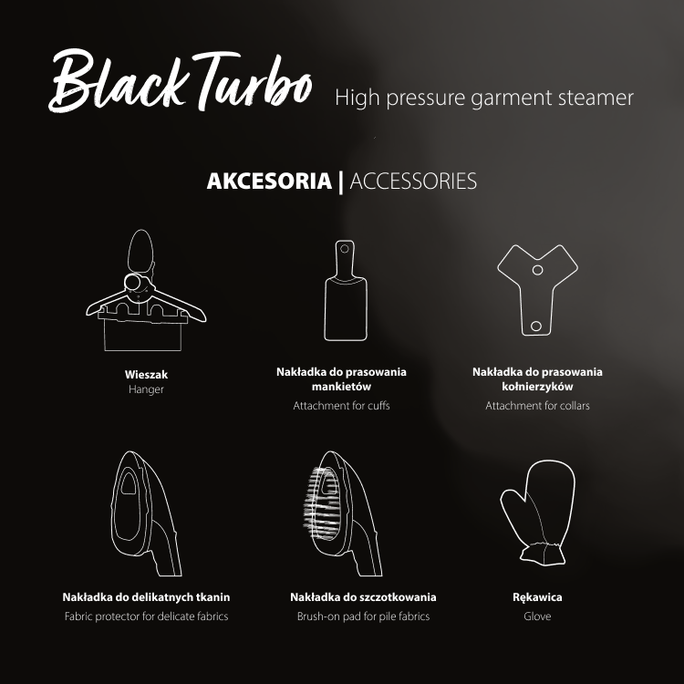 Parowiec TEXI BLACK TURBO w kolorze czarnym, z akcesoriami: wieszak, nakładka do mankietów, nakładka do kołnierzyków, nakładka do delikatnych tkanin, nakładka do szczotkowania oraz rękawica. Wysoka wydajność do prasowania i odświeżania w pionie.
