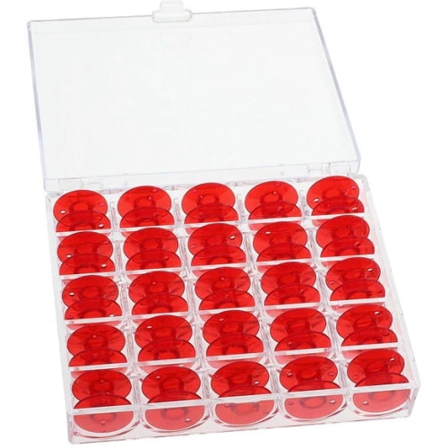 Plastikowe płaskie szpulki w kolorze czerwonym, zestaw 25 sztuk, umieszczone w przezroczystym opakowaniu z pokrywką. Szpulki mają otwory, co ułatwia ich mocowanie w bębenku maszyny do szycia.