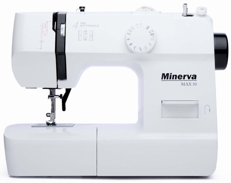 Maszyna do szycia Minerva MAX 30 w kolorze białym, z widocznym pokrętłem do ustawiania ściegów oraz przyciskami. Z przodu znajduje się okno na stopkę i logo producenta. Ujęcie z boku, pokazujące detale konstrukcji i mechanizmu szycia.