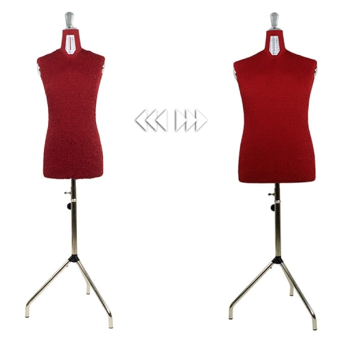 Manekin krawiecki DRESS FORM PREMIUM MAN w kolorze czerwonym, regulowany rozmiar 44-54. Stojący na metalowej podstawie z trzema nogami, bez rękawów, z gładką fakturą, widoczne oznaczenia rozmiaru na górze. Ujęcie frontalne i boczne.