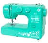 Maszyna do szycia Janome JUNO E1015 w kolorze zielonym. Frontalny widok, ukazuje pokrętła do regulacji oraz wzory szycia na obudowie. Widoczne dekoracyjne kwiaty i napis joy of sewing. Stojąca, kompaktowa konstrukcja, idealna do użytku domowego.