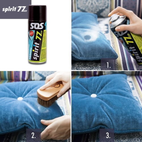 Odplamiacz spray Spirit 77 MAX 400ml, czarna butelka z kolorowym etykietą. W tle niebieska poduszka z widoczną plamą, na pierwszym planie ręka aplikująca spray. W kolejnych krokach użycie szczotki do czyszczenia poduszki.