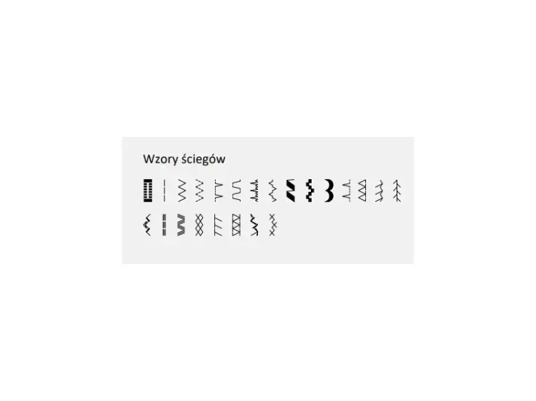 Wzory ściegów przedstawiają różnorodne opcje szycia dostępne w maszynie BERNETTE Sew&Go 5. Ujęcie pokazuje 23 różne wzory, w tym proste, zygzakowe oraz ozdobne, w kolorze czarnym na jasnym tle.