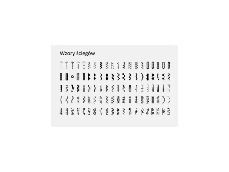 Wzory ściegów maszyny do szycia BERNETTE Sew&Go 8, przedstawiające różnorodne 197 ściegów w czerni na jasnym tle. Obok napis Wzory ściegów. Różne kształty i linie, w tym proste, faliste oraz dekoracyjne.