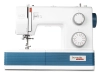Maszyna do szycia BERNETTE B05 ACADEMY w kolorze białym i niebieskim z 30 ściegami. Widoczny mechanizm szycia, pokrętła do regulacji oraz logo bernette na obudowie. Ujęcie frontalne, produkt stoi na płaskiej powierzchni.