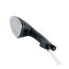 Parowiec TEXI BLACK TURBO w kolorze czarnym z metalową głowicą i wzorem otworów do pary. Ergonomiczny uchwyt, elastyczny wąż z białymi i czarnymi paskami, idealny do prasowania i odświeżania w pionie.