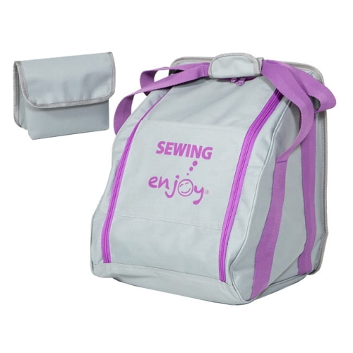 Torba na owerlok domowy ENJOY BAG w kolorze szarym z różowymi detalami. Posiada zamek błyskawiczny, uchwyty oraz widoczny napis „SEWING” i logo „enjoy”. Obok znajduje się mniejsza torba w tym samym kolorze, z zamknięciem na rzep.