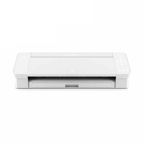 Ploter tnący Silhouette Cameo 4 w kolorze białym, widok frontalny. Produkt zamknięty, z widocznym logo CAMEO oraz przyciskami sterującymi na górnej części. Prosty, nowoczesny design bez dodatkowych dekoracji.