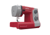 Maszyna do szycia Veritas Power Stitch 17 w kolorze czerwonym z szarymi akcentami, z widocznym mechanizmem szyjącym, 17 ściegami i pokrętłami do regulacji. Ujęcie z boku, stojąca na płaskiej powierzchni, z wyraźnym oznaczeniem długości ściegu.
