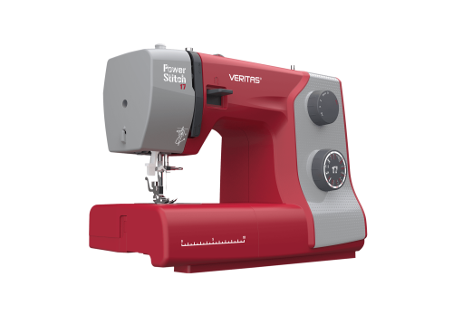 Maszyna do szycia Veritas Power Stitch 17 w kolorze czerwonym z szarymi akcentami, z widocznym mechanizmem szyjącym, 17 ściegami i pokrętłami do regulacji. Ujęcie z boku, stojąca na płaskiej powierzchni, z wyraźnym oznaczeniem długości ściegu.