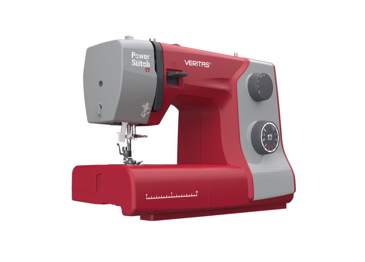 Maszyna do szycia Veritas Power Stitch 17 w kolorze czerwonym z szarymi akcentami, z widocznym mechanizmem szyjącym, 17 ściegami i pokrętłami do regulacji. Ujęcie z boku, stojąca na płaskiej powierzchni, z wyraźnym oznaczeniem długości ściegu.