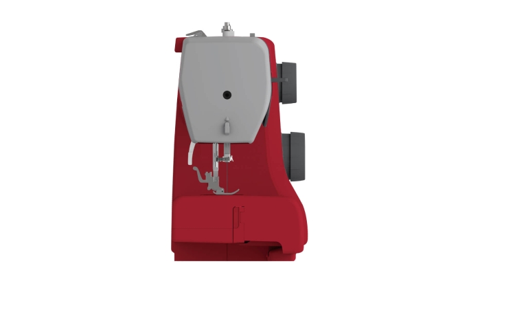 Maszyna do szycia Veritas Power Stitch 17 w kolorze czerwonym, widok z boku. Wyposażona w 17 ściegów, z metalowym stelażem i szarym pokryciem górnym. Widoczny mechanizm igły oraz stopka do szycia. Dwa koła do regulacji. Prosty, funkcjonalny design.