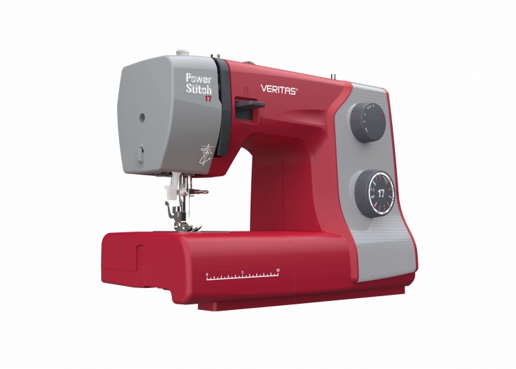 Maszyna do szycia Veritas Power Stitch 17 w kolorze czerwonym z szarymi akcentami, mechaniczna, z widocznymi pokrętłami do regulacji oraz oznaczeniem 17 na tarczy. Stojąca, z widocznym stopek i igłą, na prostym tle.