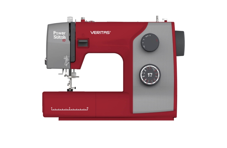 Maszyna do szycia Veritas Power Stitch 17 w kolorze czerwonym i szarym, z 17 rodzajami ściegów. Ujęcie z boku, pokazujące pokrętła do ustawiania ściegów oraz wbudowany stoper. Widoczna igła i stół z podziałką.