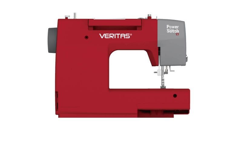 Maszyna do szycia Veritas Power Stitch 17 w kolorze czerwonym, z widocznymi elementami mechanizmu. Z boku, pokazuje uchwyt, igłę oraz 17 dostępnych ściegów. Prosta konstrukcja, bez dodatkowych akcesoriów, na białym tle.