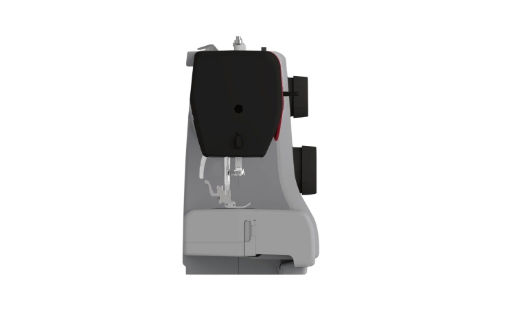Maszyna do szycia Veritas Power Stitch PRO w kolorze szaro-czarnym, ukazana z boku. Widoczne elementy to mechanizm szycia, stopka oraz pokrętło do regulacji ściegów. Produkt o kompaktowej budowie, przeznaczony do szycia z 17 różnymi ściegami.