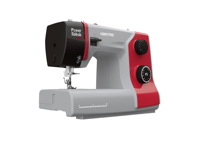 Maszyna do szycia Veritas Power Stitch PRO w kolorze szaro-czerwonym, z 17 ściegami. Ujęcie z boku, pokazujące igłę i pokrętła do regulacji. W przedniej części widoczna skala długości ściegu. Logo Power Stitch PRO na górze.
