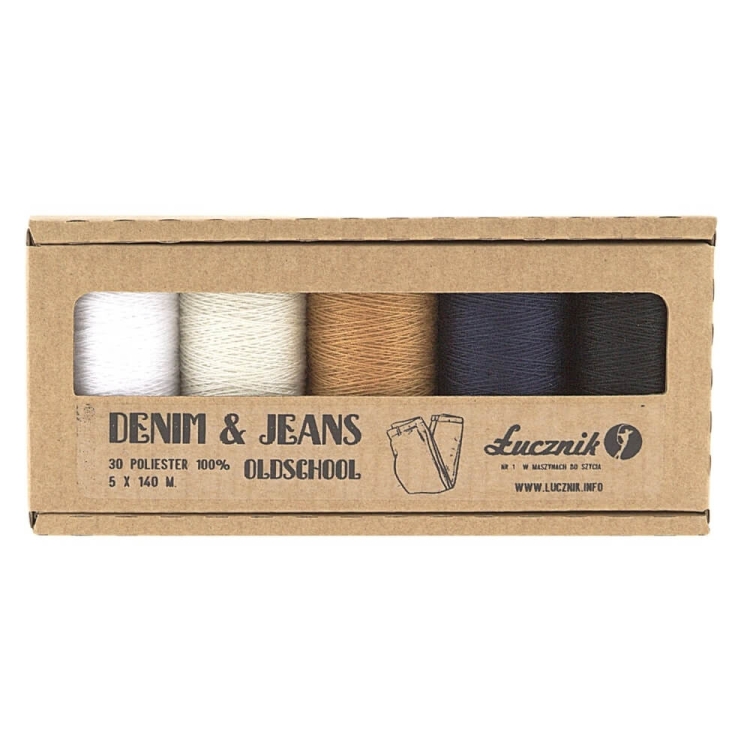 Zestaw 5 nici Łucznik Denim & Jeans Oldschool zawiera nici w kolorze białym, kremowym, brązowym, granatowym i czarnym. Każda nić ma długość 140 m, a opakowanie jest w kolorze brązowym z napisem DENIM & JEANS OLD SCHOOL.