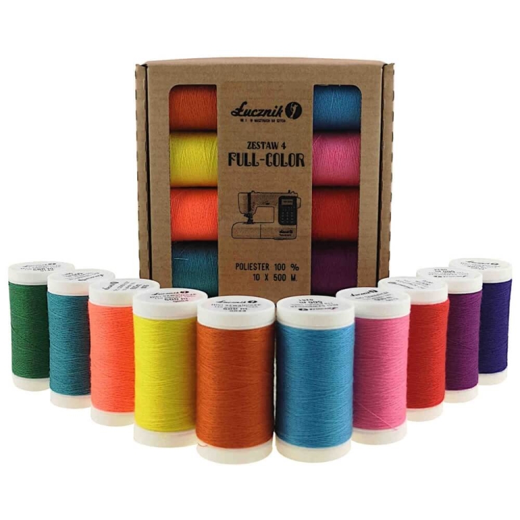 Zestaw 10 nici do szycia Łucznik Full Color 2991, zawierający różnobarwne spools (odcienie zieleni, niebieskiego, pomarańczowego, żółtego, fioletowego, różowego) w kartonowym opakowaniu. Każda nić ma 500 m długości, wykonana z poliestru.