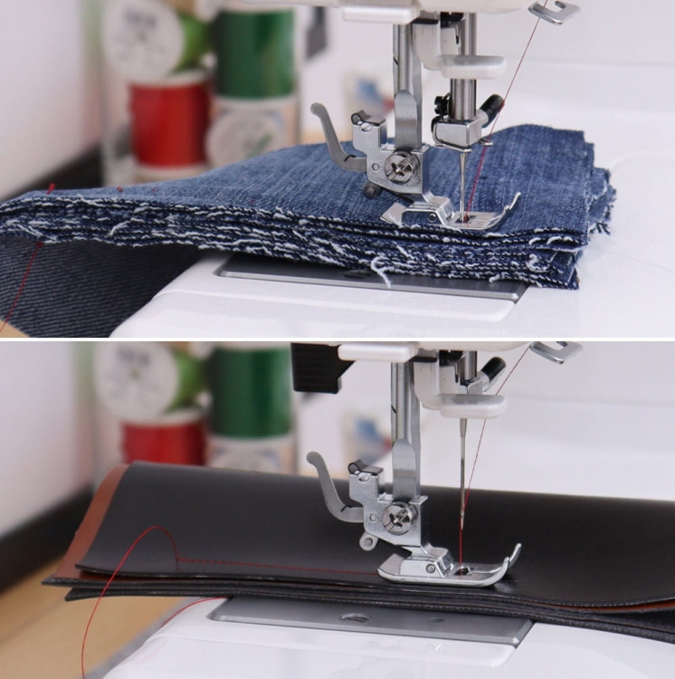 Maszyna do szycia Janome HD 523 EASY JEANS, prezentująca podwójne ujęcie: szycie grubych warstw dżinsu oraz skóry. Widoczny mechanizm z igłą, stopką i czerwonym nitkiem. Tło z szpulami nici w różnych kolorach.