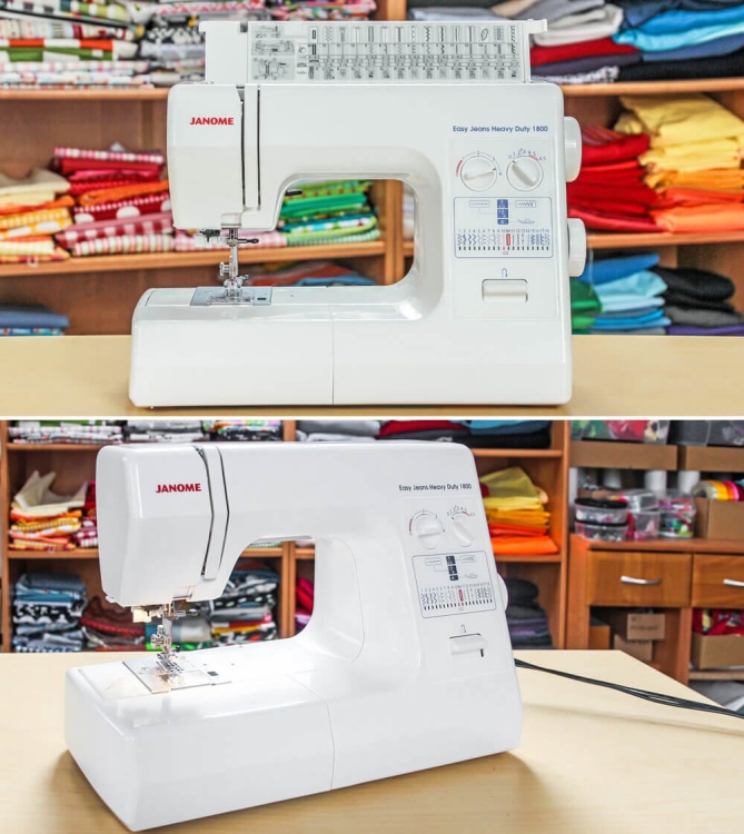 Maszyna do szycia Janome HD1800 Easy Jeans w kolorze białym, z widocznym panelem sterującym, pokrętłami do regulacji i wbudowanym oświetleniem. Ujęcie frontalne, maszyna stoi na jasnym blacie, w tle kolorowe tkaniny.