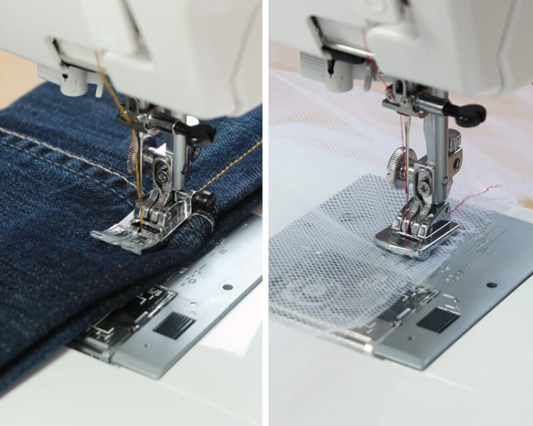 Maszyna do szycia Janome HD1800 Easy Jeans, pokazana w zbliżeniu. Po lewej stronie szyje jeans, z widoczną stopką i nitką w kolorze żółtym. Po prawej stronie szyje przezroczysty materiał, z inną stopką, na metalowej podstawie maszyny.