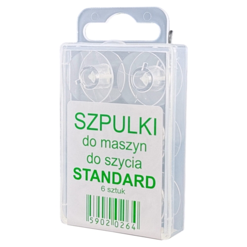 Przezroczyste szpulki plastikowe w opakowaniu, zawierające 6 sztuk. Etykieta z napisem SZPULKI do maszyn do szycia STANDARD w zielonym kolorze. Opakowanie zamknięte, z uchwytem do przenoszenia.