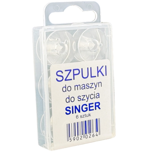 Plastikowe szpulki soczewkowe do maszyn do szycia w przezroczystym pudełku, zawierające 6 sztuk. Widoczny napis SZPULKI do maszyn do szycia SINGER. Szpulki mają prostą formę i są umieszczone w pionie.